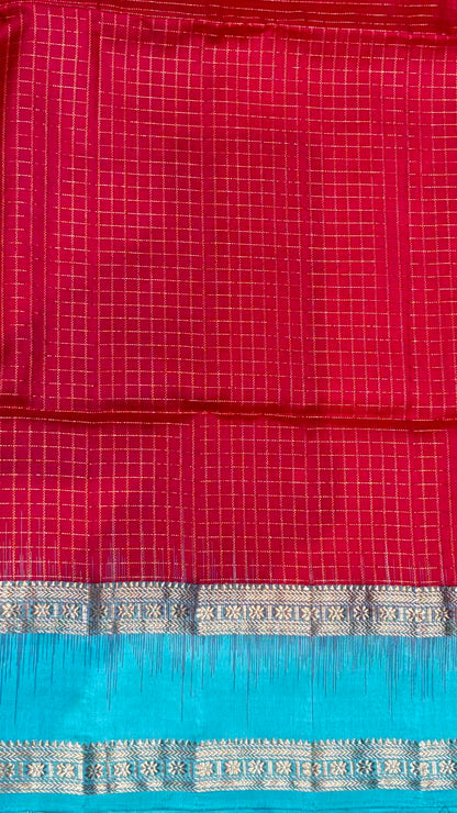Red and Teal Blue Kanchi Soft Silk Checks Saree with Silver Zari Border