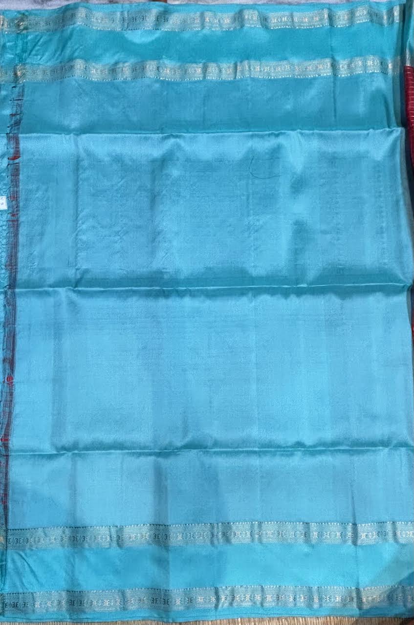 Red and Teal Blue Kanchi Soft Silk Checks Saree with Silver Zari Border