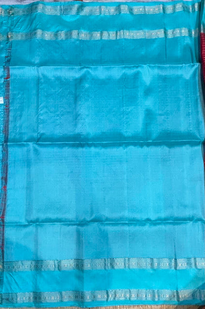 Red and Teal Blue Kanchi Soft Silk Checks Saree with Silver Zari Border