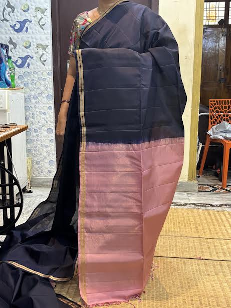 Deep Blue Silk Saree with Contrasting Pink and Gold Border