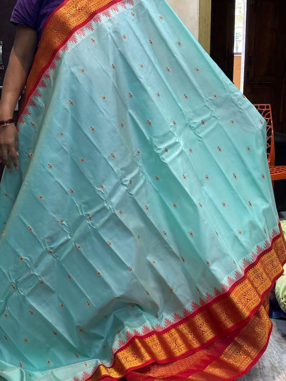 PURE GADWAL SILK BODY BUTTI LIGHT BLUE PALLU RED SMALL BORDER AND BLOUSE RED SAREE - pochampallysarees.com