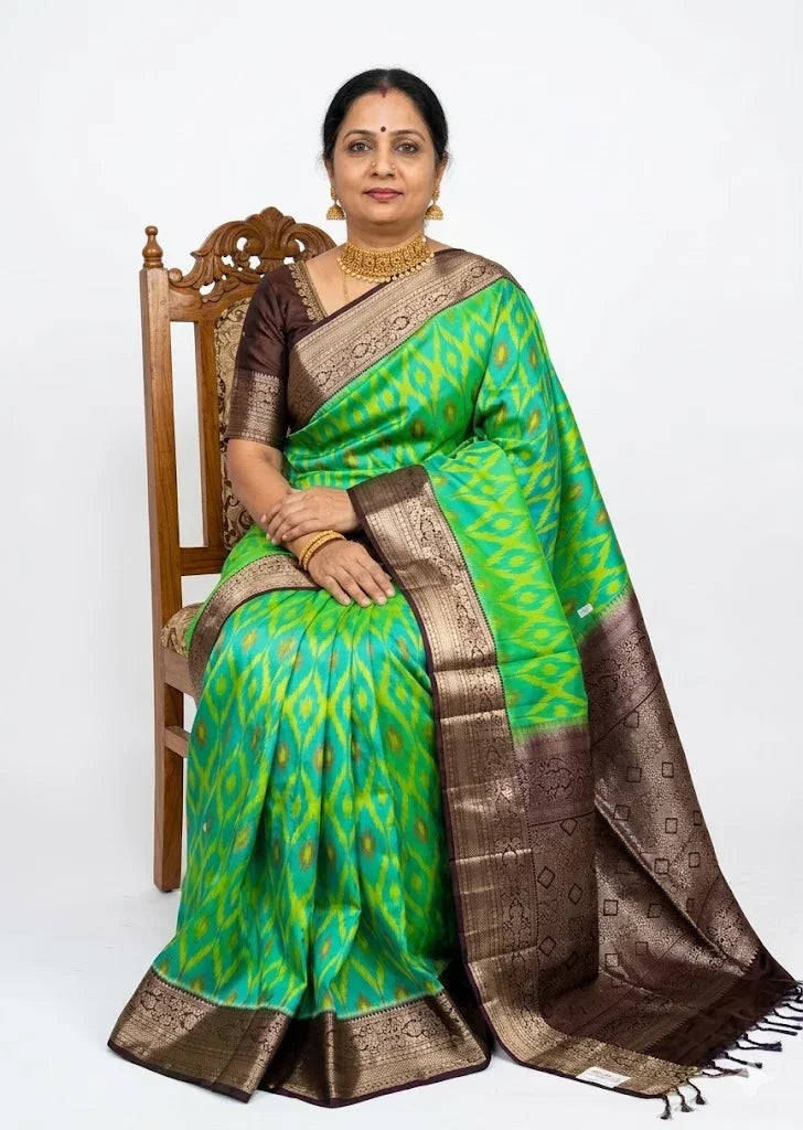 Elegant traditional green handloom Kanchi Ikat soft silk saree with intricate geometric patterns and a dark brown zari pallu.