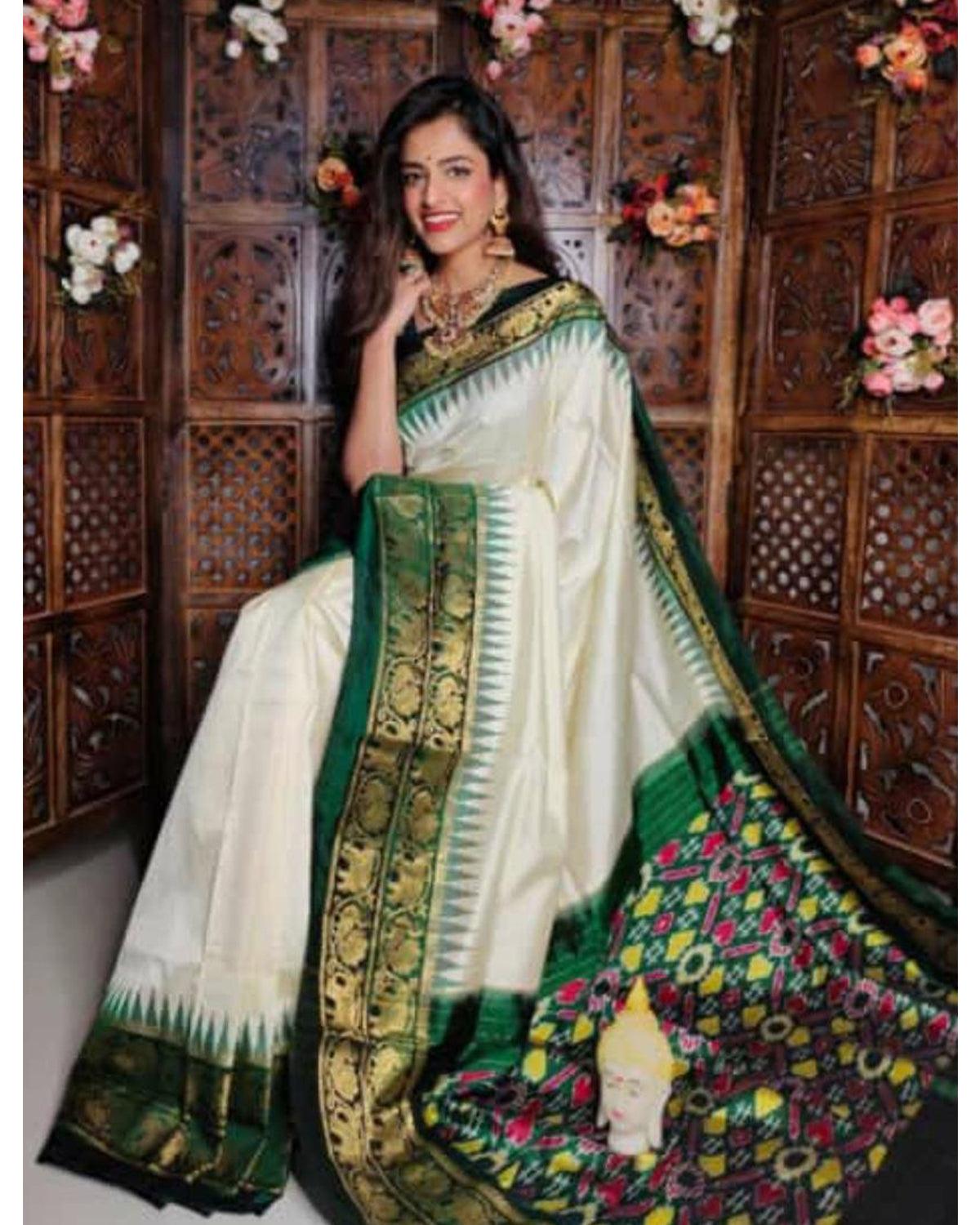 KANCHI IKKAT SILK CREAM WITH GREEN COLOR SAREE - pochampallysarees.com