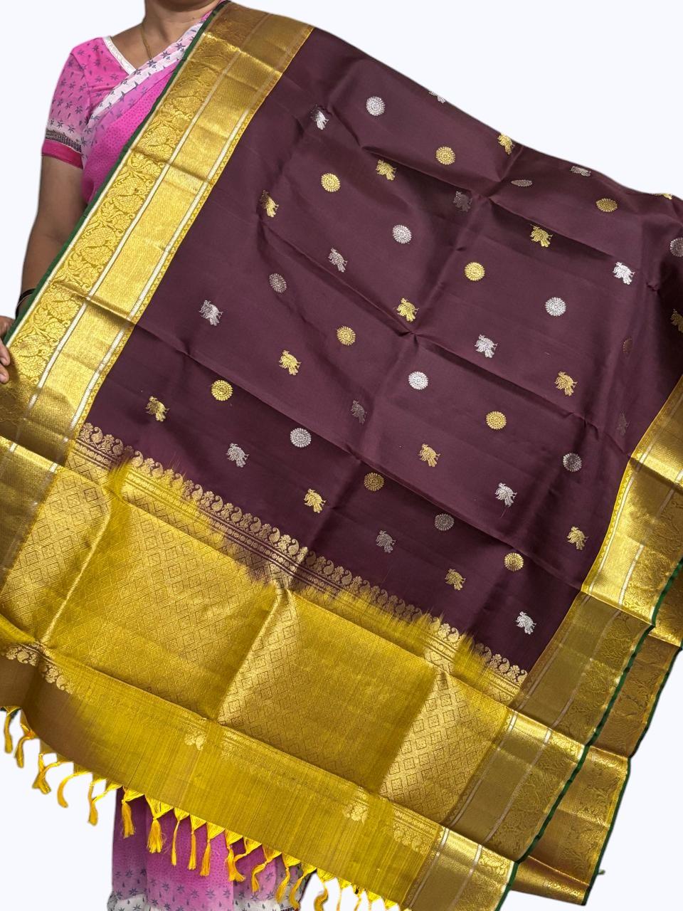 Kanchi Pattu Dupatta Chocolate Yellow - pochampallysarees.com