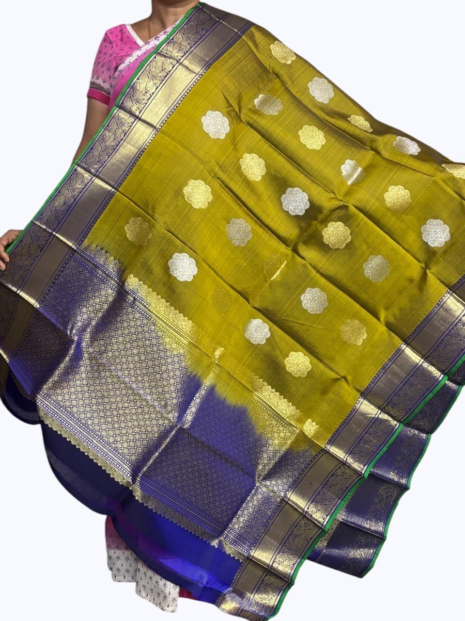 Kanchi Pattu Dupatta Olive green Blue - pochampallysarees.com