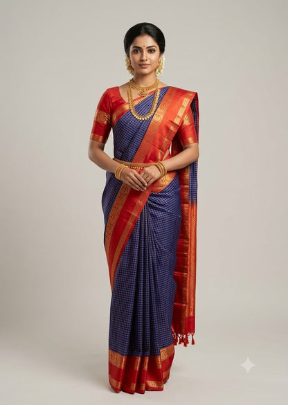 Elegant Indian woman wearing a handwoven royal blue Kanchipuram pure silk saree featuring a contrasting rich red border and pallu with elaborate gold zari work and traditional jewelry, verified with Silk Mark authentication."