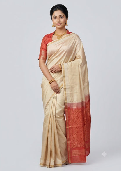 Traditional Indian model draped in a cream Kanchi soft silk saree featuring a delicate gold border and a contrasting red zari woven pallu.