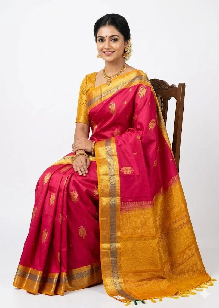A traditional Indian woman sitting on a wooden chair wearing a Kanchi soft silk saree with a vibrant pink body featuring gold buta motifs, a rich yellow and gold zari pallu, and a matching yellow blouse, set against a solid white backdrop.