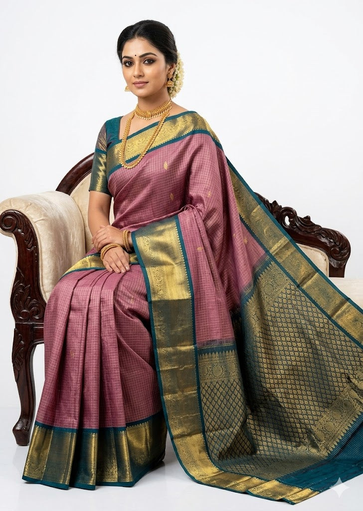 Beautiful traditional woman sitting on a chair wearing a mauve Kanchipuram Pattu Saree with gold checks and a rich teal green zari pallu.