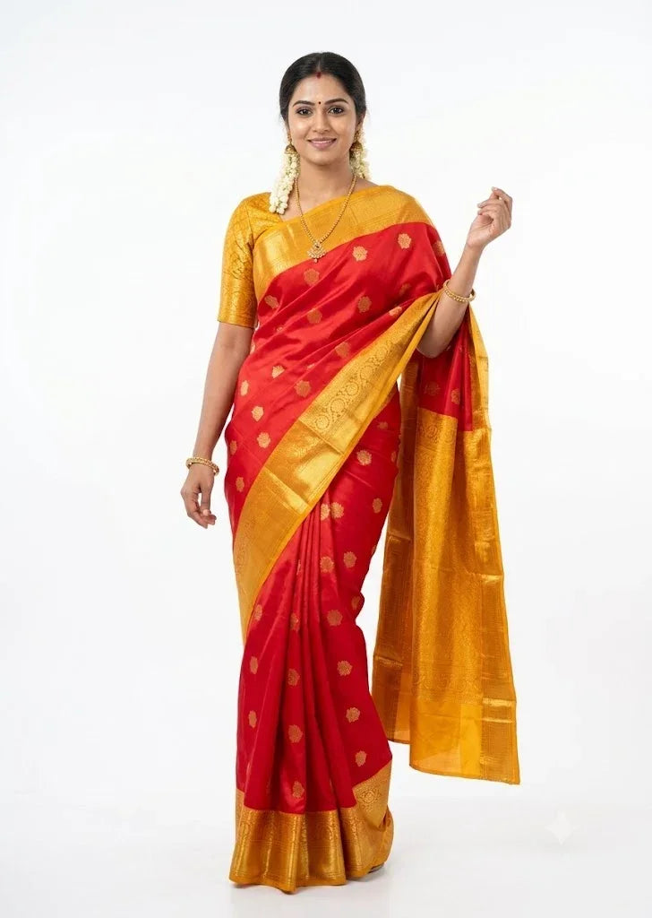 South Indian woman wearing red and gold Kanchipuram pure pattu saree with Silk Mark tag