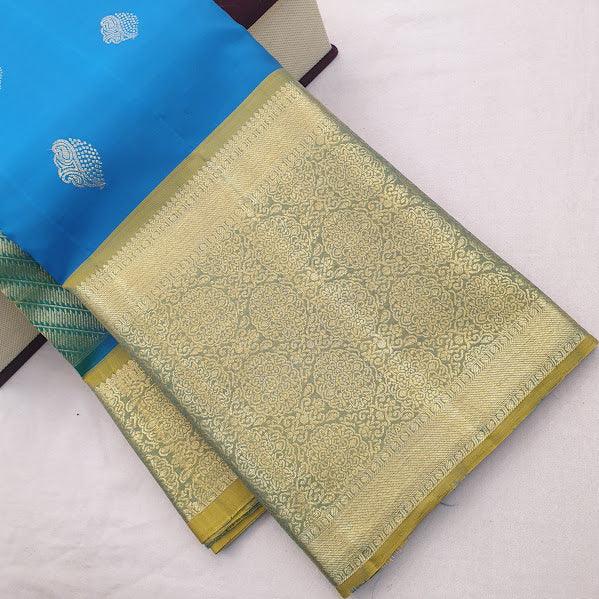 Kanchipuram Pure Silk Saree Ananda Blue And Yellow With Zari Woven Buttas And Long Zari Woven Kanchi Border - pochampallysarees.com