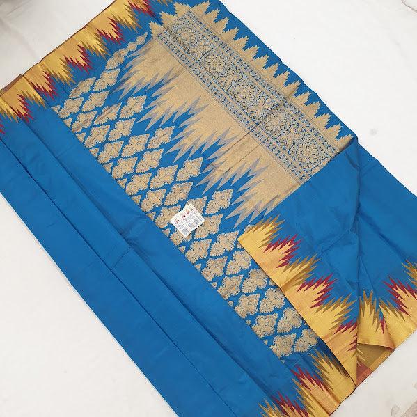 Kanchipuram Pure Silk Saree Ananda Blue With Zari Woven Buttas And Long Zari Woven Kanchi Border - pochampallysarees.com