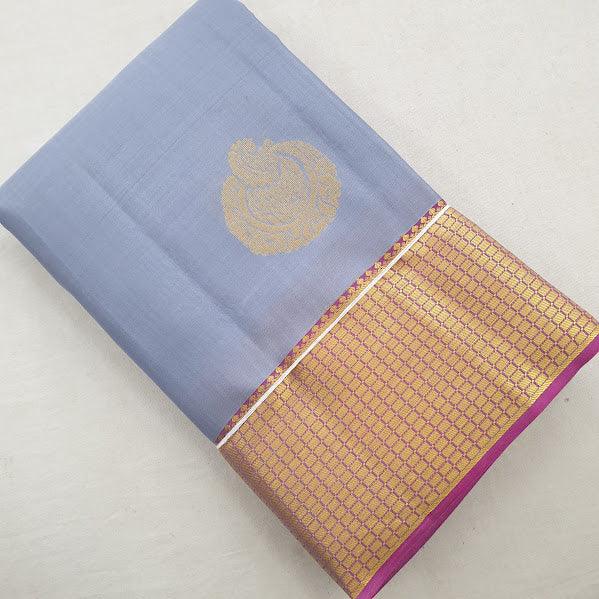 Kanchipuram Pure Silk Saree Ananda Gray And Pink With Zari Woven Buttas And Long Zari Woven Kanchi Border - pochampallysarees.com