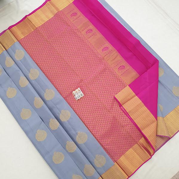 Kanchipuram Pure Silk Saree Ananda Gray And Pink With Zari Woven Buttas And Long Zari Woven Kanchi Border - pochampallysarees.com