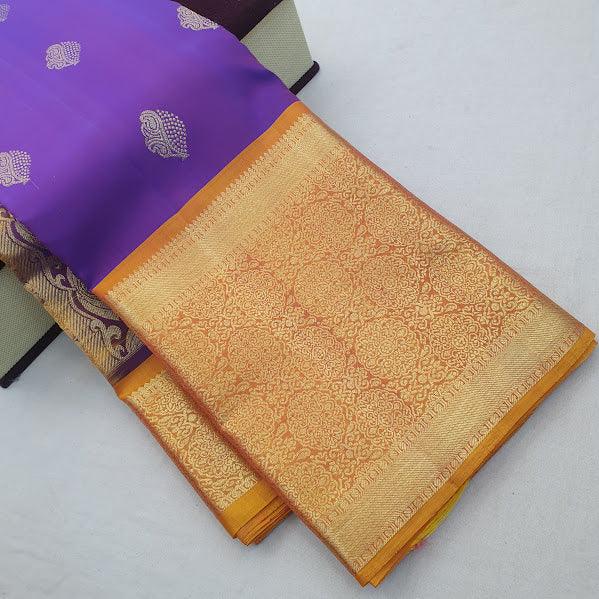 Kanchipuram Pure Silk Saree AVoilet And Yellow With Zari Woven Buttas And Long Zari Woven Kanchi Border - pochampallysarees.com