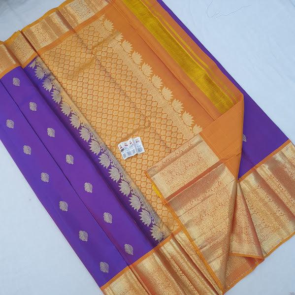 Kanchipuram Pure Silk Saree AVoilet And Yellow With Zari Woven Buttas And Long Zari Woven Kanchi Border - pochampallysarees.com