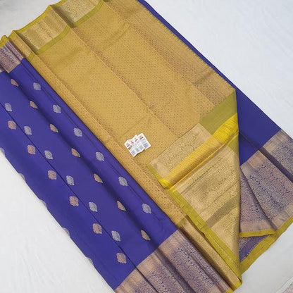 Kanchipuram Pure Silk Saree Blue And Yellow With Zari Woven Buttas And Long Zari Woven Kanchi Border - pochampallysarees.com