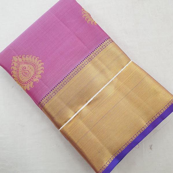 Kanchipuram Pure Silk Saree Light Pink And Blue With Zari Woven Buttas And Long Zari Woven Kanchi Border - pochampallysarees.com