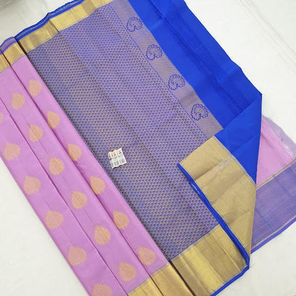 Kanchipuram Pure Silk Saree Light Pink And Blue With Zari Woven Buttas And Long Zari Woven Kanchi Border - pochampallysarees.com