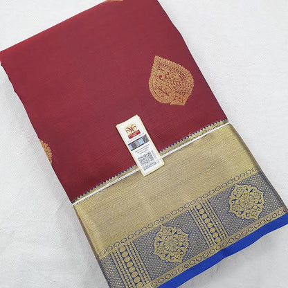 Kanchipuram Pure Silk Saree Maroon And Blue With Zari Woven Buttas And Long Zari Woven Kanchi Border - pochampallysarees.com