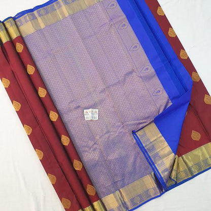 Kanchipuram Pure Silk Saree Maroon And Blue With Zari Woven Buttas And Long Zari Woven Kanchi Border - pochampallysarees.com