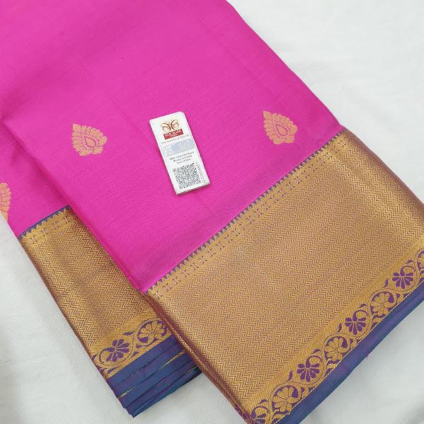 Kanchipuram Pure Silk Saree Pink And Blue With Zari Woven Buttas And Long Zari Woven Kanchi Border - pochampallysarees.com