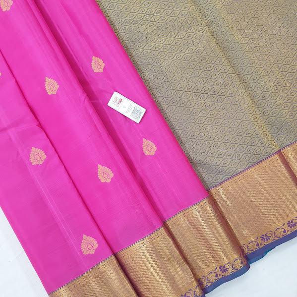 Kanchipuram Pure Silk Saree Pink And Blue With Zari Woven Buttas And Long Zari Woven Kanchi Border - pochampallysarees.com