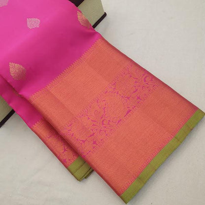 Kanchipuram Pure Silk Saree Pink And Green With Zari Woven Buttas And Long Zari Woven Kanchi Border - pochampallysarees.com