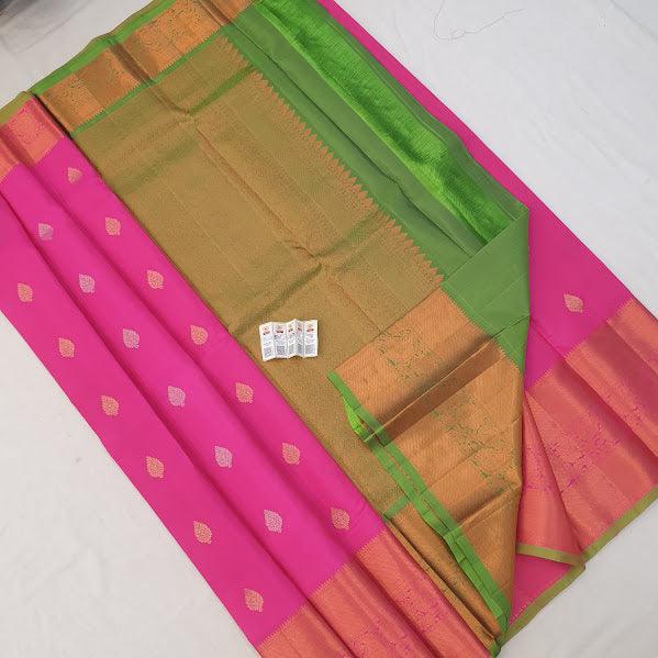 Kanchipuram Pure Silk Saree Pink And Green With Zari Woven Buttas And Long Zari Woven Kanchi Border - pochampallysarees.com