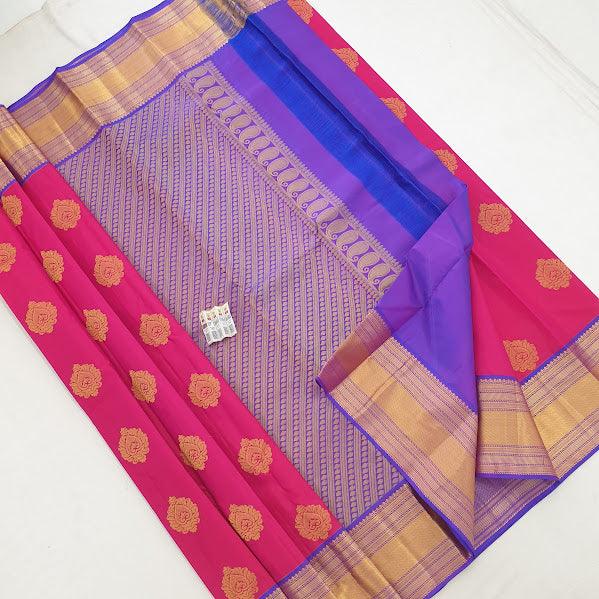 Kanchipuram Pure Silk Saree Pink And Blue With Zari Woven Buttas And Long Zari Woven Kanchi Border - pochampallysarees.com