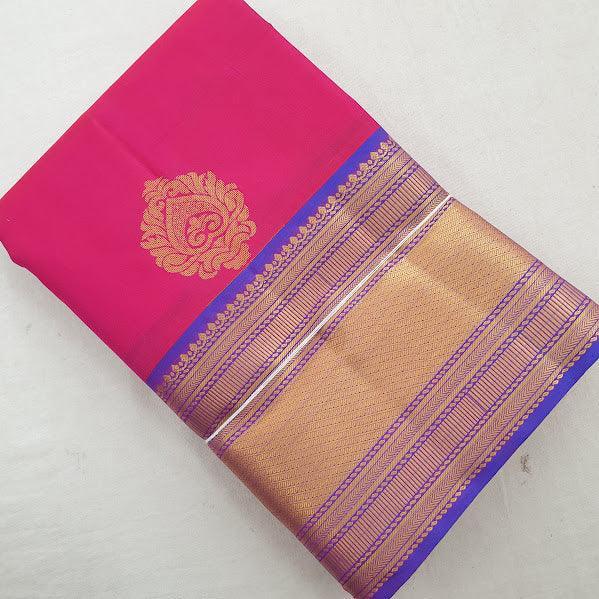 Kanchipuram Pure Silk Saree Red And Blue With Zari Woven Buttas And Long Zari Woven Kanchi Border - pochampallysarees.com