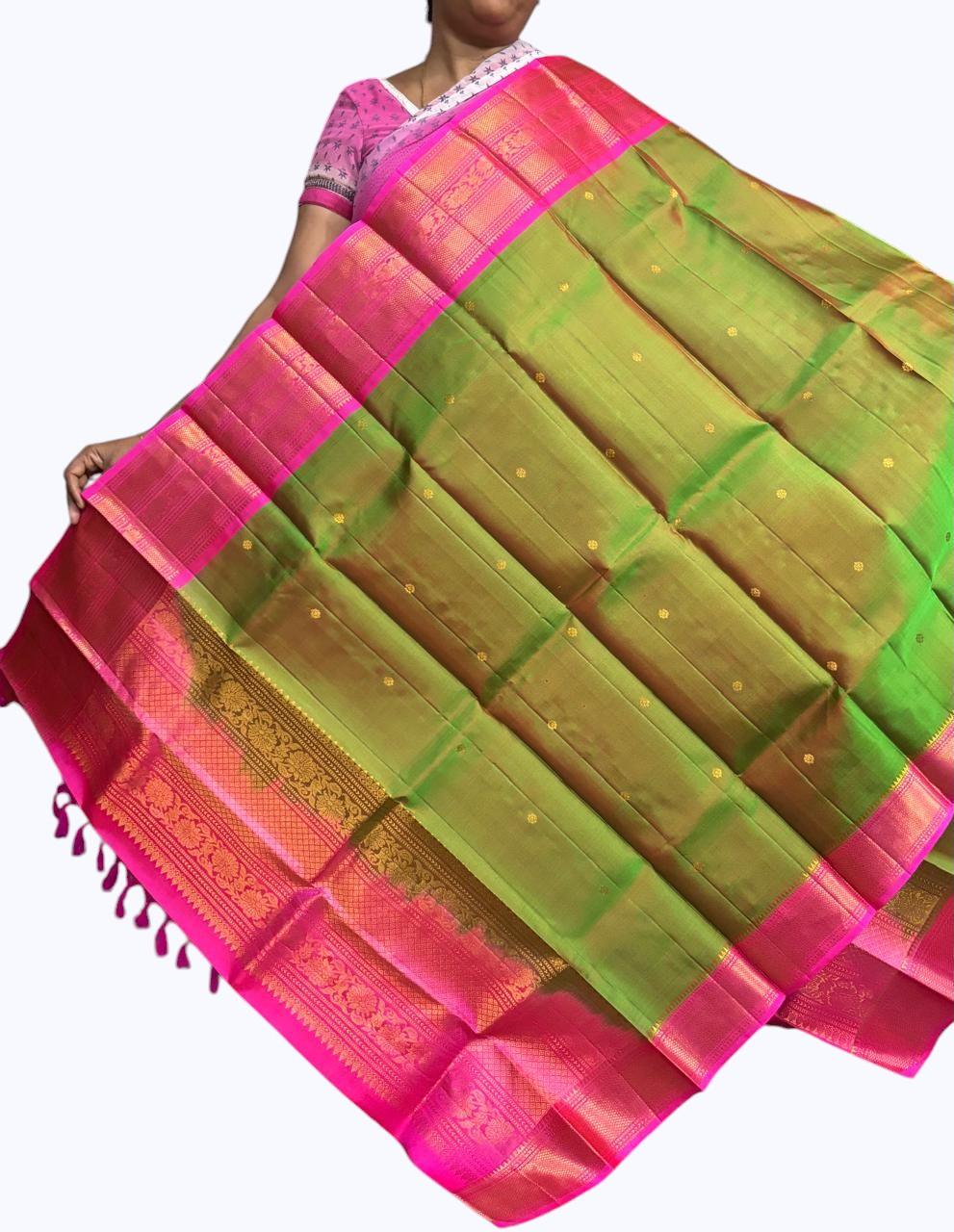 kanchipuram silk dupatta Parrot Green Pink - pochampallysarees.com