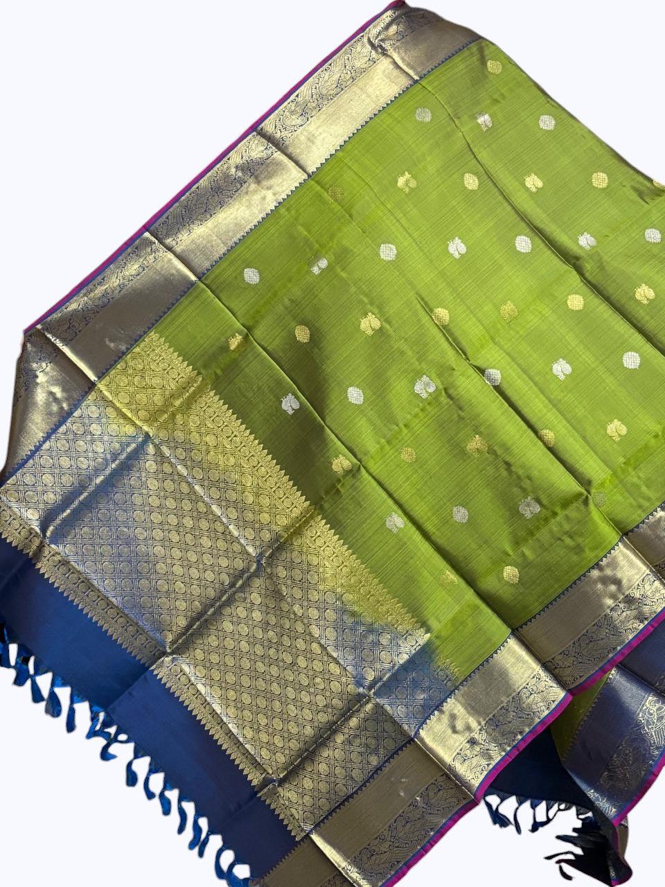 kanjivaram dupatta Olive Green Blue - pochampallysarees.com