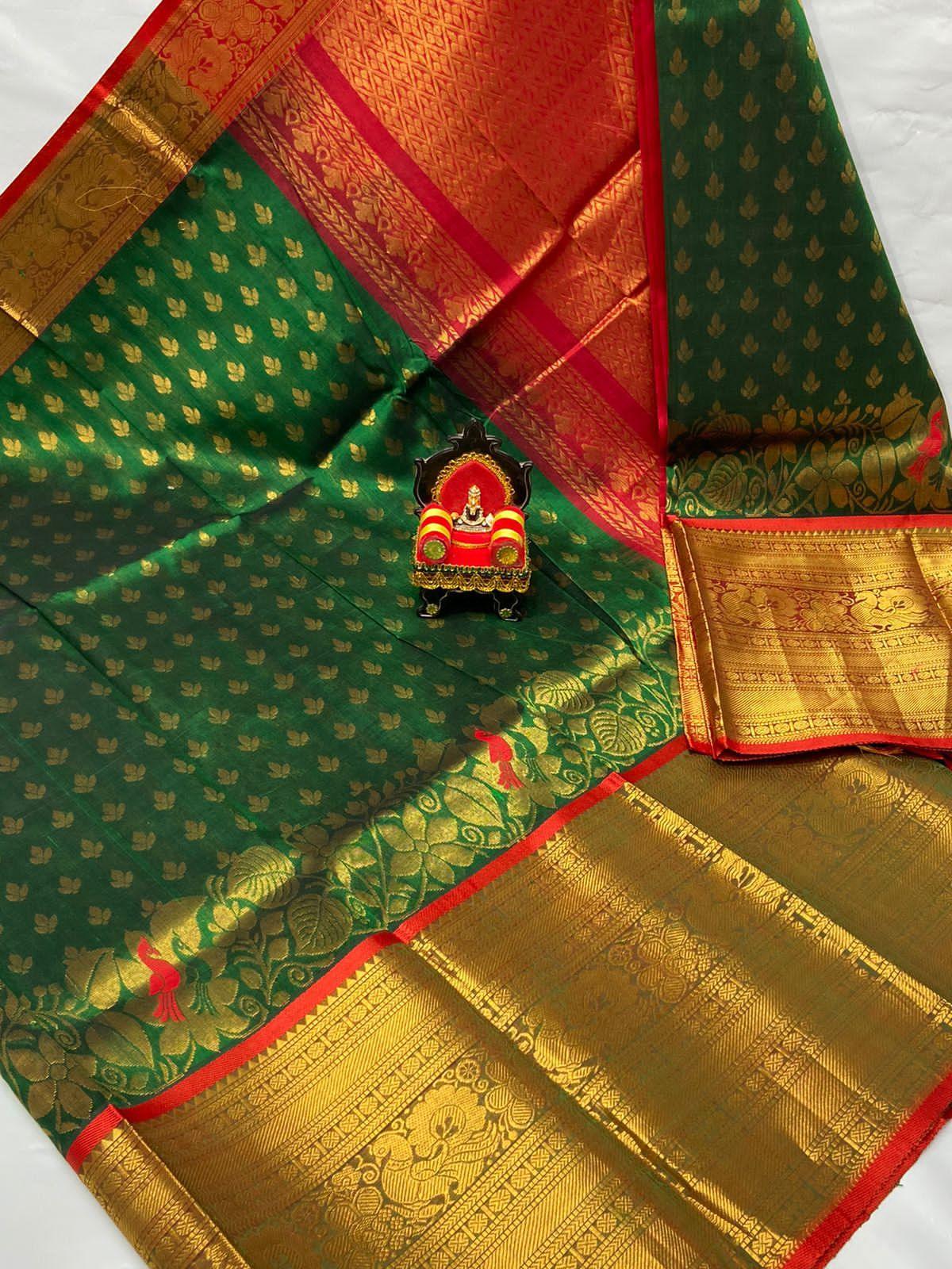 Kuppadam Pattu Saree Green Red Color - pochampallysarees.com