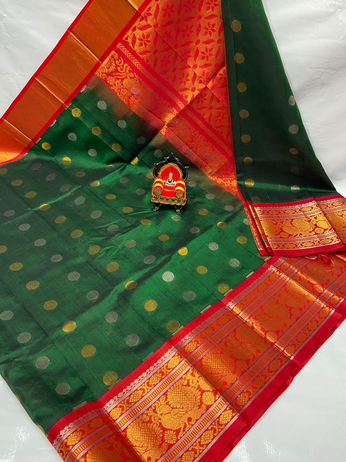 Kuppadam Silk Cotton Green Red Saree - pochampallysarees.com