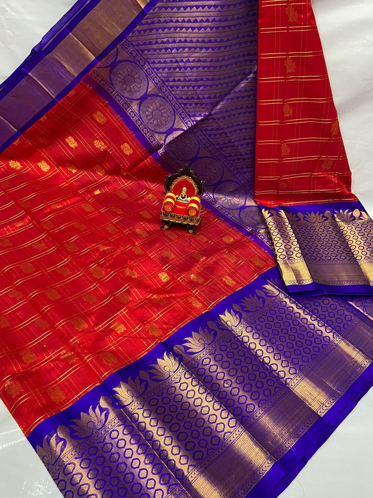 Kuppadam Silk Cotton Red Blue Saree - pochampallysarees.com