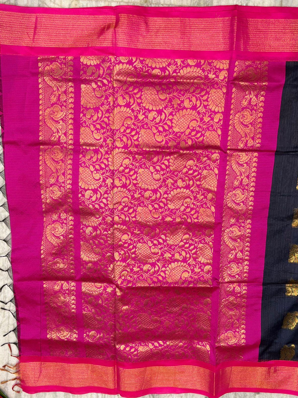 Pure Kuppadam Silk Cotton Saree in Jet Black with Contrast Magenta Pink Zari Border &amp; Rich Pallu - pochampallysarees.com