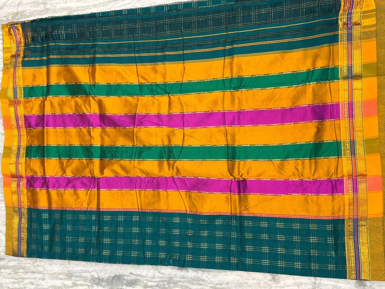 Traditional Deep Green Kuppadam Pattu Silk Saree with Gold Zari Checks &amp; Vibrant Striped Pallu - pochampallysarees.com