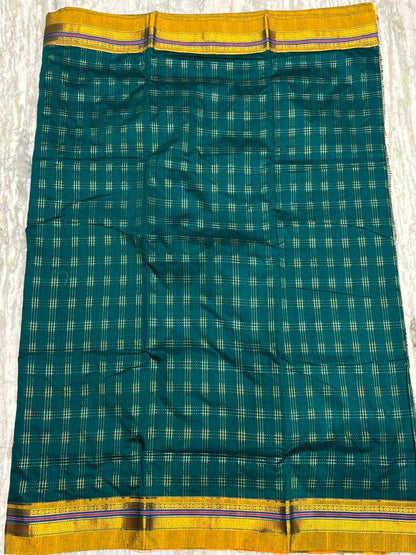 Traditional Deep Green Kuppadam Pattu Silk Saree with Gold Zari Checks &amp; Vibrant Striped Pallu - pochampallysarees.com