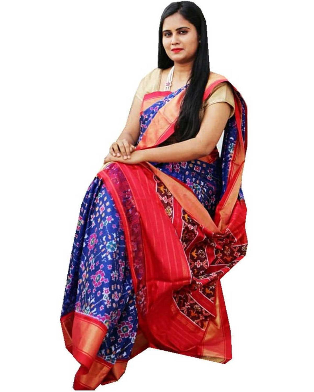 LATEST DESIGNER POCHAMPALLY IKAT PATTU NAVYBLUE WITH ORANGE COLOR SAREE - pochampallysarees.com