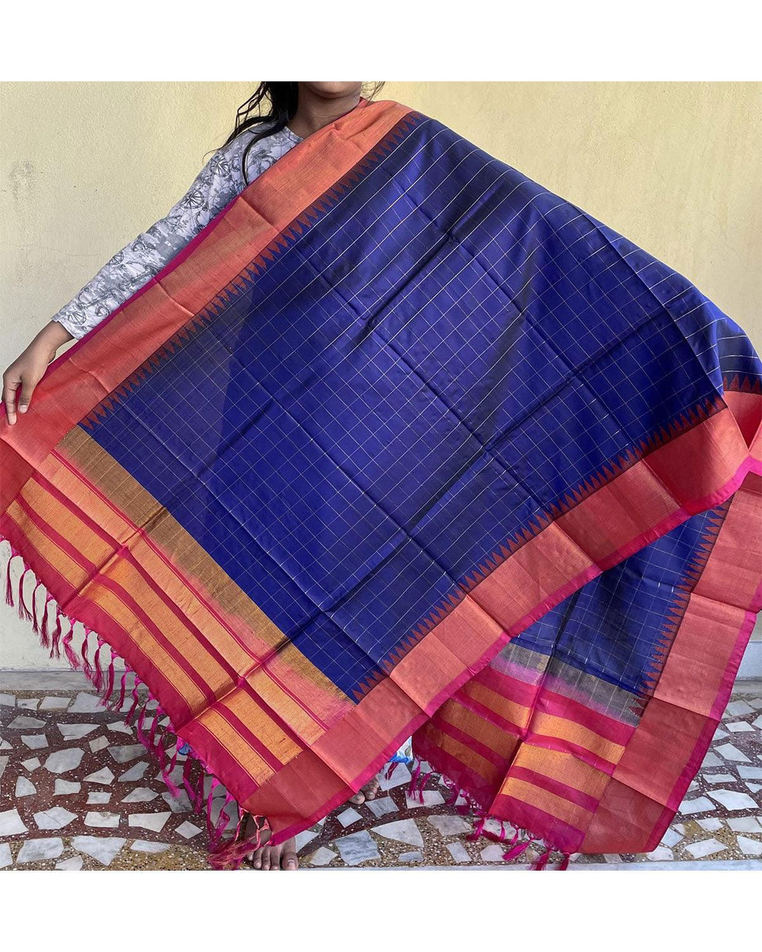 LATEST GADWAL PATTU NAVY BLUE WITH PINK COLOR DUPATTA-GSD04 - pochampallysarees.com