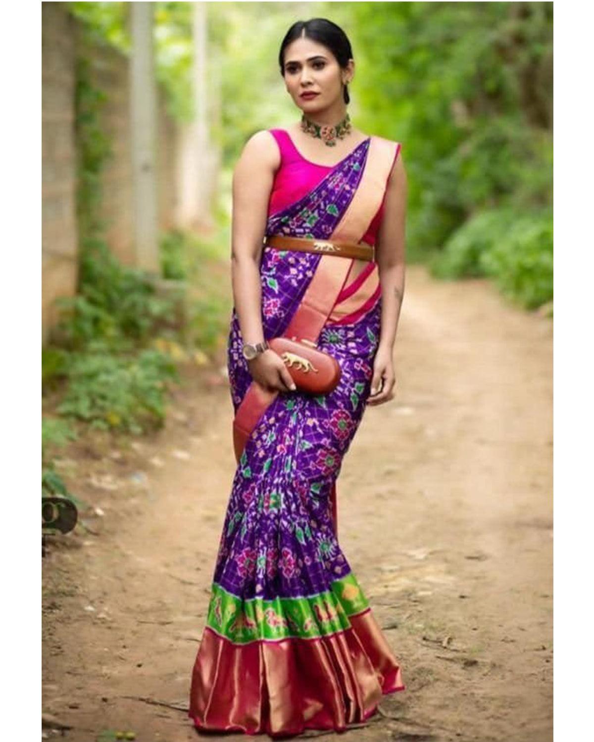 LATEST IKAT SILK LAVENDER WITH PINK COLOR SAREE - pochampallysarees.com