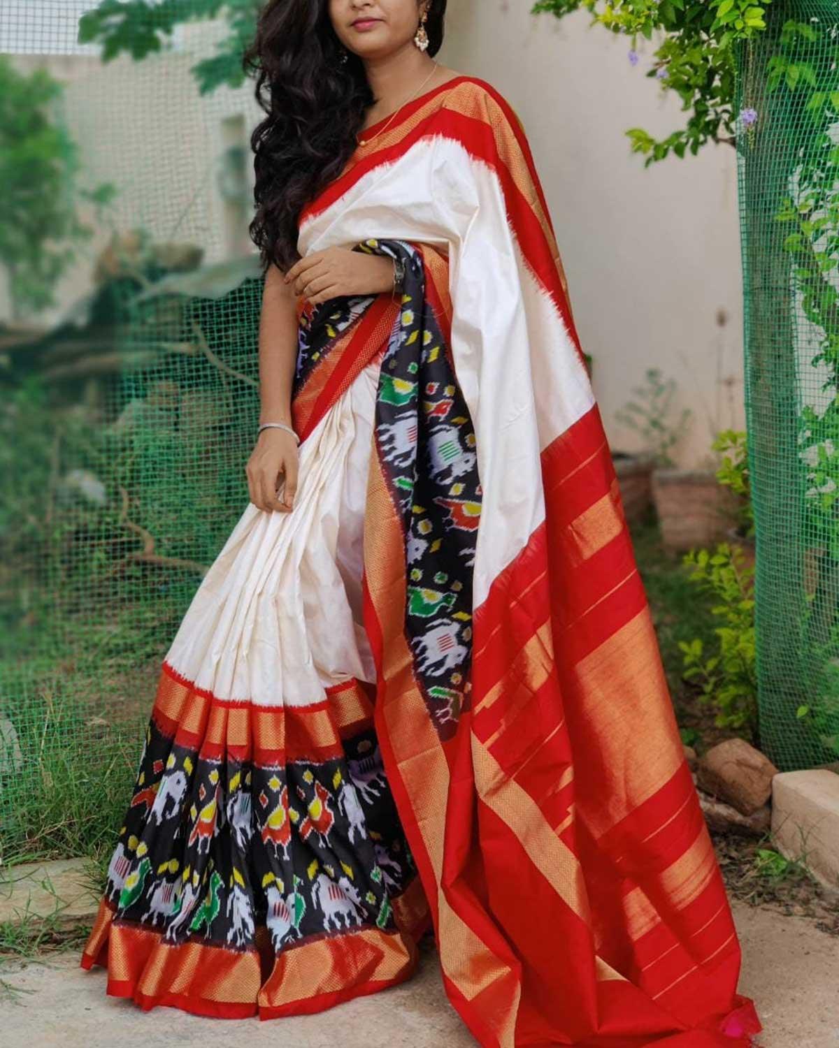 LATEST POCHAMPALLY IKKAT SILK PLAIN CREAM WITH RED COLOR SAREE - pochampallysarees.com