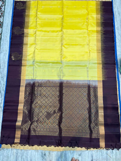 Lemon yellow Kanchi pattu soft silk saree with contrast deep wine gold zari border and rich brocade pallu, Silk Mark certified