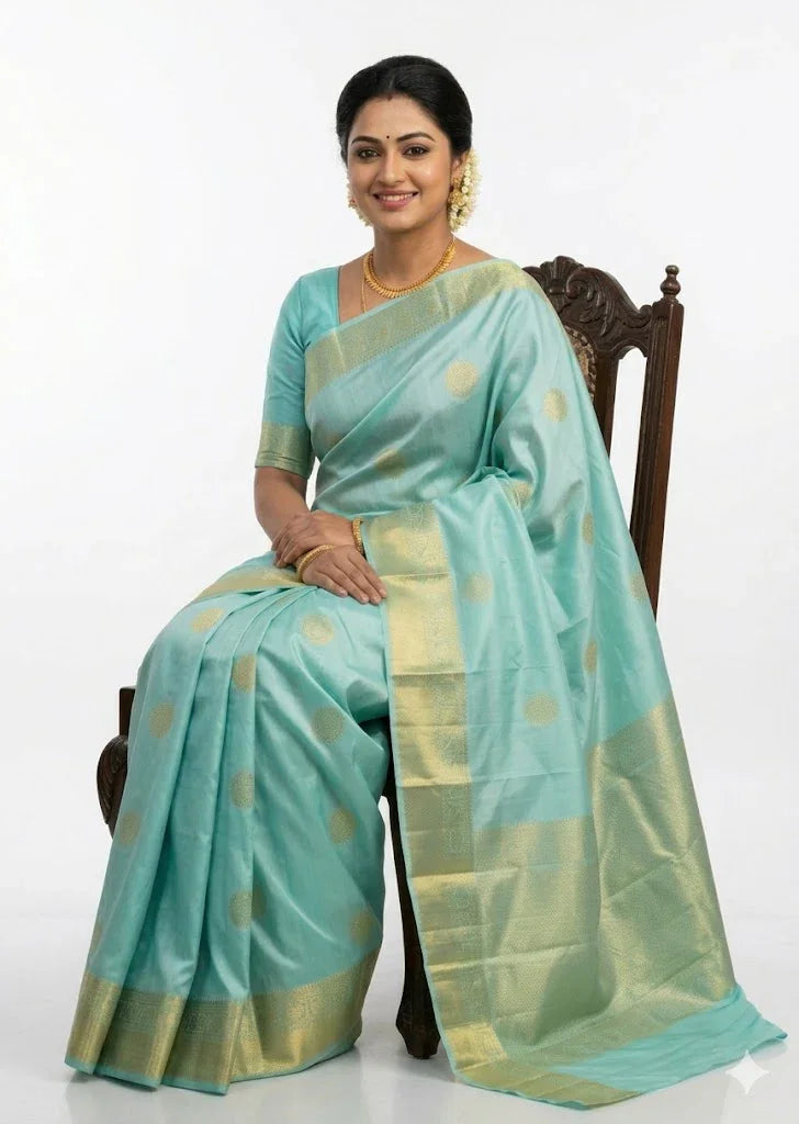 Beautiful woman sitting on a chair wearing a light blue pure Kanchipuram pattu saree with a matching blouse and gold zari motifs.
