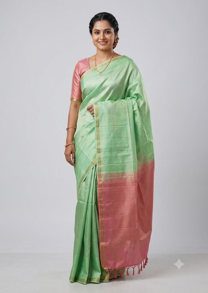 Model posing in a light green Kanchipuram silk saree with a geometric square weave, contrasting pink pallu, and matching pink silk blouse against a plain background.