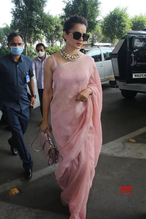 Light Pink Pure Linen Light Pink Saree - pochampallysarees.com