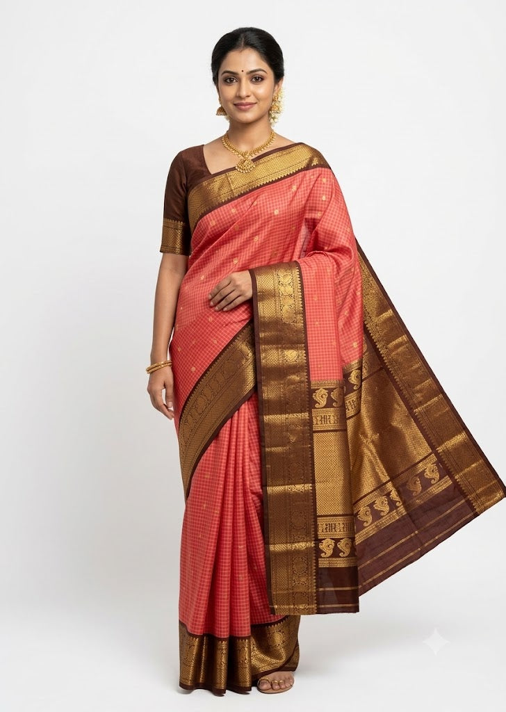 Woman wearing a light red checked Gadwal silk saree featuring a chocolate brown gold zari border and pallu against a plain white studio background.