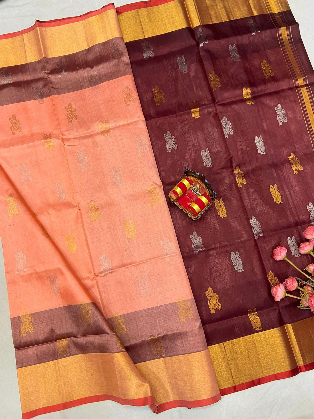 light Red Uppada Butta Silk Saree - pochampallysarees.com