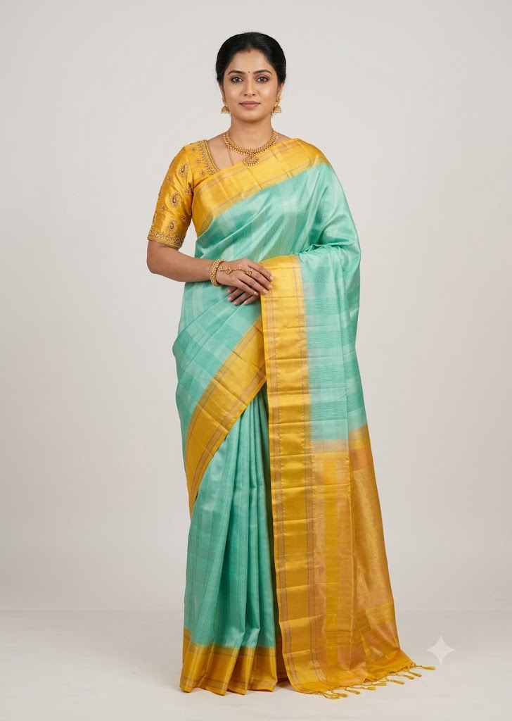 Traditional Indian woman wearing a light teal Kanchi soft silk saree with a golden border and embroidered yellow blouse